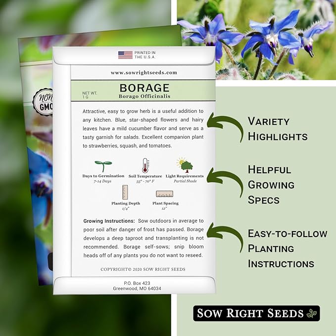 Sow Right Seeds - Borage Seed to Plant - Non-GMO Heirloom Seeds - Full Instructions for Easy Planting and Growing a Kitchen Herb Garden - Indoors or Outdoor - Great Gardening Gift (1)