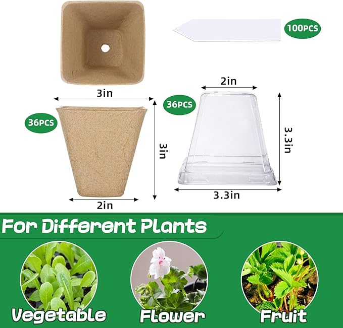 Aulock 36 Sets Plant Nursery Pots with Humidity Dome - 3in Biodegradable Seed Starting Pots, Square Peat Pots with 100 Labels for Garden Flowers Herbs Vegetables Seedlings