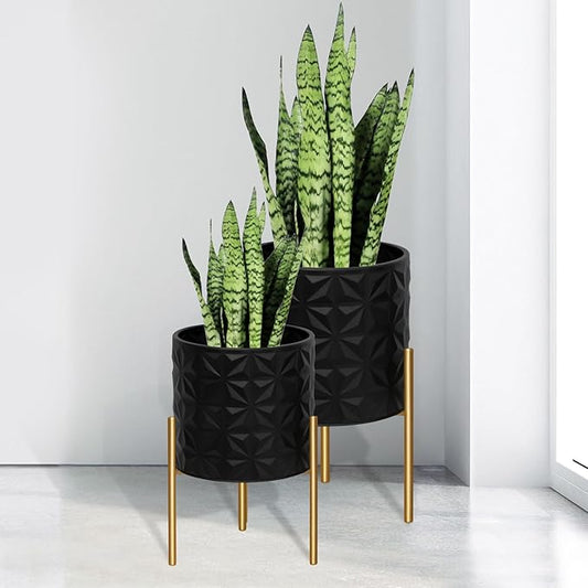 ARNIS Modern Planter Pots, Set of 2 Large Planters with Stand, Decorative Planters, Metal Pots with Drainage Holes for Living Room, Office, Garden or Balcony, 8.25 &10.5 Inch, Matte Black