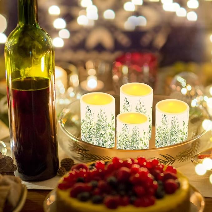 Flameless Light Candles 4 Pack Battery Operated with Color Changing Timer Remote Control Fake Pillar Candles Tealights Beach Wedding Home Indoor Decor, Leaf Green White