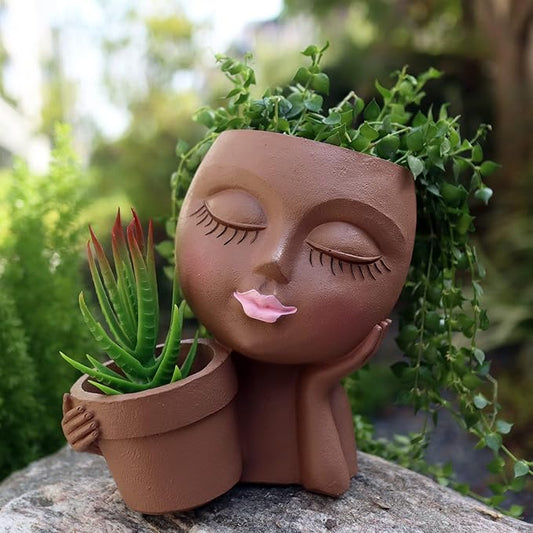 Face Flower Pot Head Planter, Black Woman Unique Planters for Indoor Outdoor Plants, Novelty Plant Pots Lady Vase with Drainage Hole Home Garden Succulents Cactus