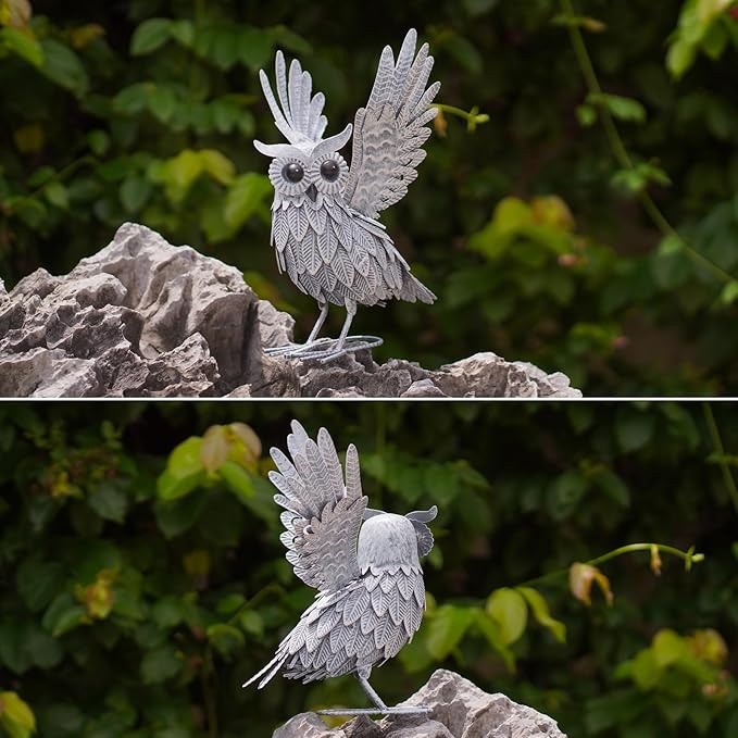 Nacome Owl Garden Decor Metal Yard: Art Outdoor Sculptures & Statues Large Bird Ornaments for Patio Balcony Front Backyard - Gifts for Grandma Mom(Gray)