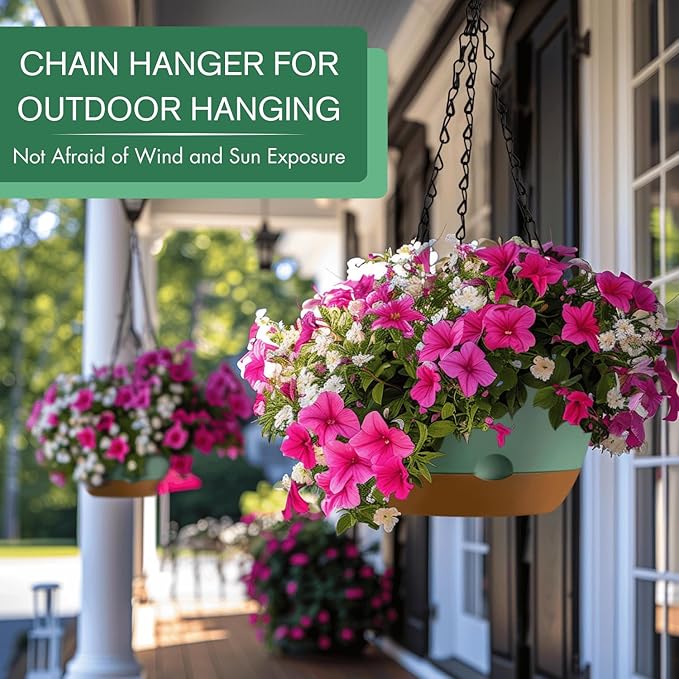 Set of 2-10 Inch Hanging Planters for Indoor Plants with Self-Watering Includes Hanging Pots for Plants, Outdoor Hanging Plant Pot with Drainage, and 2 Types of Hanging Baskets Hangers (Green, 10inch)