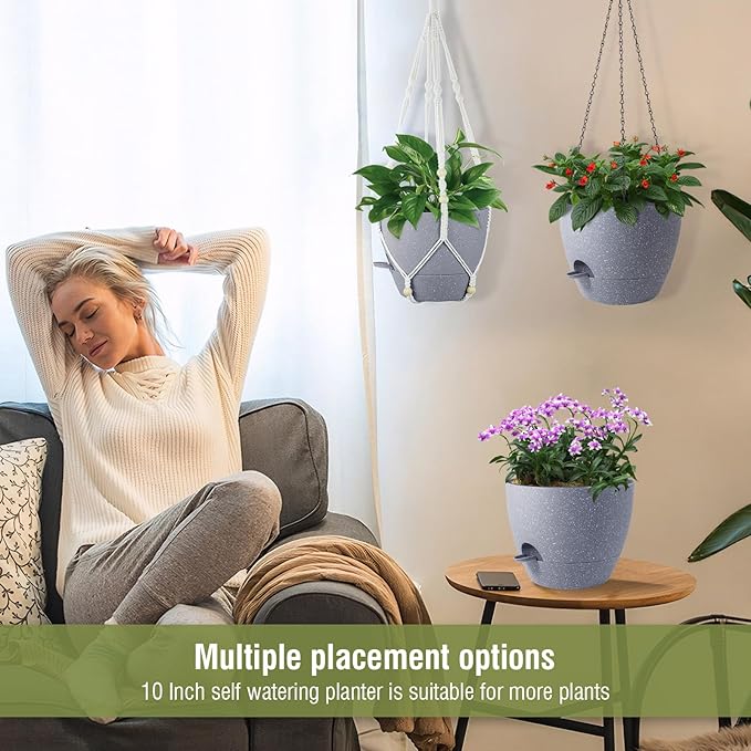 Self Watering Hanging Planters 10 inch, 2 Pack Hanging Flower Pots for Indoor Outdoor Plants, Hanging Baskets with Drainage Holes & 2 Kinds of Plant Hangers for Garden Decor, Speckled Grey