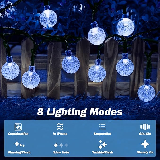 Solar Lights Outdoor Waterproof, 2 Pack Total 200LED 110FT Solar String Lights for Outside w/ 8 Modes, Outdoor String Lights Crystal Globe Patio Lights for Garden Yard Party Decor(Blue)