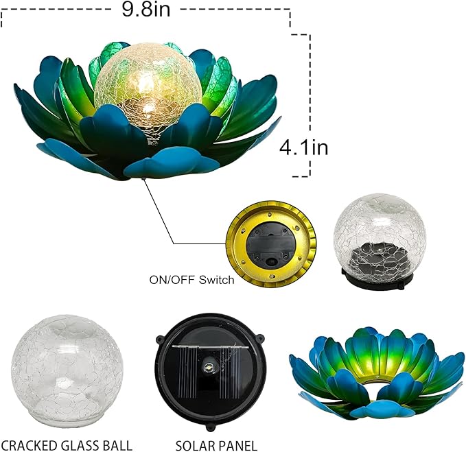 WNP Solar Powered Outdoor Decorative Lights Waterproof Lotus Flower with Crackle Glass Globe and Metal Base for Garden Patio Pathway Yard Tabletop Decor,Birthday Gift for Mom Sister Grandma