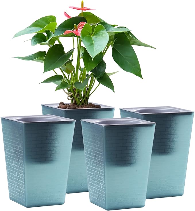Self Watering Planter 4 Pieces 6 Inch, Plastic Flower Pots with Inner Pot Indoor Plants Brick Pattern Flowerpot for Indoor Plants, African Violets, Flowers, Herbs