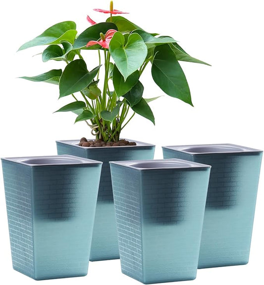 Self Watering Planter 4 Pieces 6 Inch, Plastic Flower Pots with Inner Pot Indoor Plants Brick Pattern Flowerpot for Indoor Plants, African Violets, Flowers, Herbs