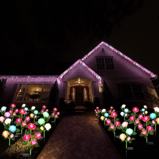 Geelin 10 Pcs Solar Rose Lights Outdoor Waterproof Solar Flower Lights with 40 Rose Flowers 7 Color Changed Decorative Solar Landscape Light for Weeding Garden Yard Patio Pathway Walkway