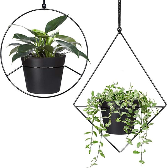 Mkono Boho Hanging Planter, Set of 2 Metal Plant Hanger with Plastic Pots, Modern Mid Century Flower Pot Plant Holder in Diamond and Circle Shape, Fits 6 Inch Planter (Pots Included), Black