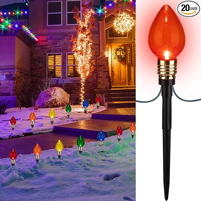 C9 Christmas Pathway Lights Outdoor-17.4 Ft 10 Lights C9 Walkway Lights Waterproof for Ground Sidewalk Driveway Yard Outdoor Christmas Decorations