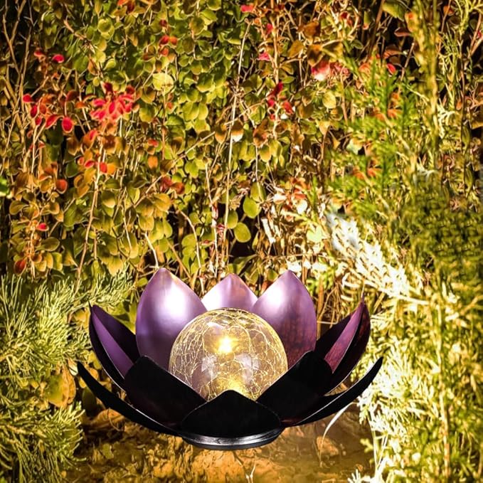 12 inches Solar Lights Outdoor Garden, Crackle Globe Glass Lotus Decoration, Waterproof LED Metal Flower Lights for Patio,Lawn,Walkway,Tabletop,Ground Gardening Gifts (Purple)