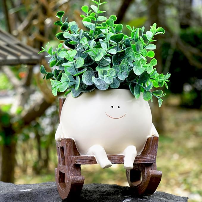 Face Planter Pots Cute Smile Flower Planter for Indoor Outdoor Plants Resin Rocking Chair Succulent Pot for String of Pearls Unique Gift on Mother's Day, Birthday, Christmas（Large）