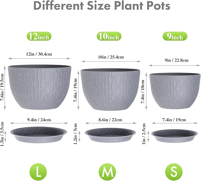 Large Flower Pots 12/10/9 inch, 3 Set Big Plant Pots for Outdoor Indoor Plants with Water Ripples, Wide Plastic Planters with Drainage Holes and Saucers for Garden House Plants, Speckled Grey