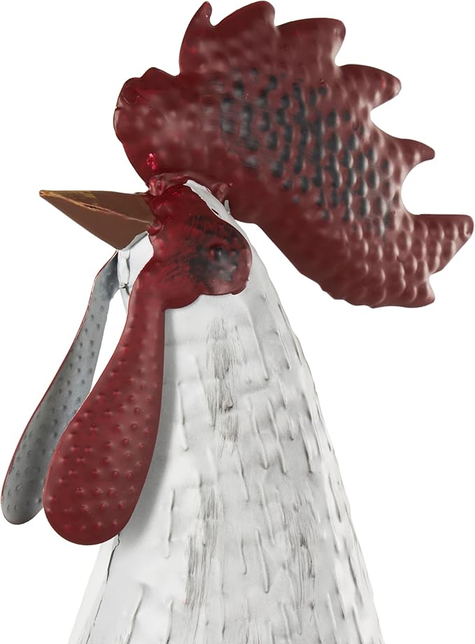 Deco 79 Metal Rooster Decorative Garden Sculpture Garden Statue with Black Texturing and Red Accents, Outdoor Sculpture 15" x 6" x 18", White