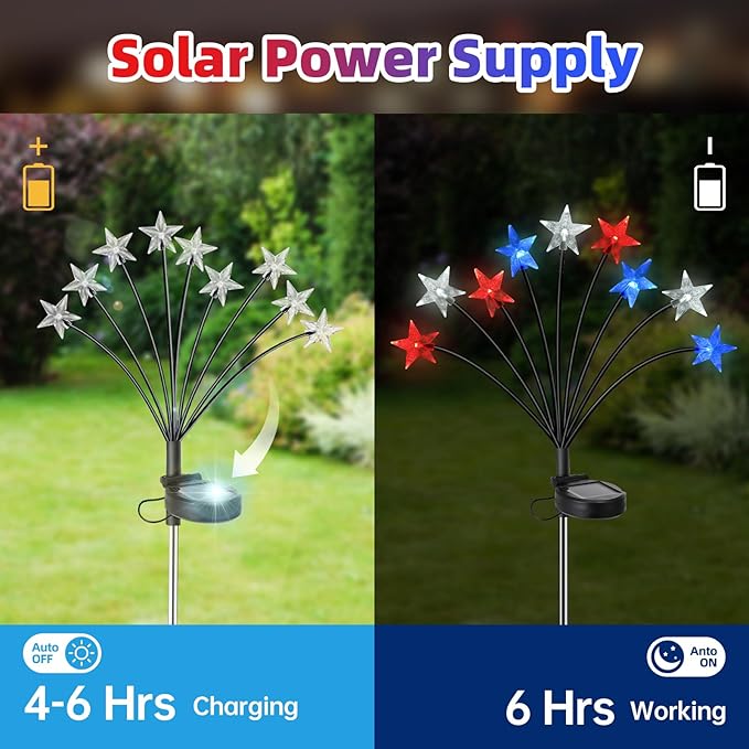 4th of July Decorations Solar Garden Lights, Fourth of July Red White and Blue Light Solar Lights Outdoor, Waterproof Patriotic Decor with 9 LED 2 Lighting Modes for Independence Day, 4 Pack
