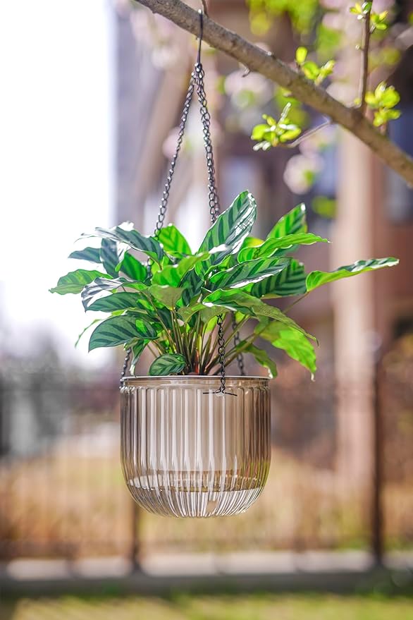 Melphoe 2 Pack Self Watering Hanging Planters Indoor Flower Pots, 6.5 Inch Outdoor Hanging Plant Basket, Hanger with 3Hooks Drainage Holes for Garden Home (Emerald + Gray)