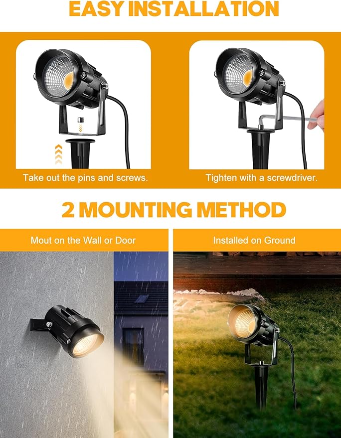 LemonBest 12W Landscape Lighting LED Outdoor Spotlight 120V AC Waterproof Landscape Lights Warm White Spot Lights for Yard Garden Decorative Lawn Lamp Flag Light with Spiked Stake, 4 Packs