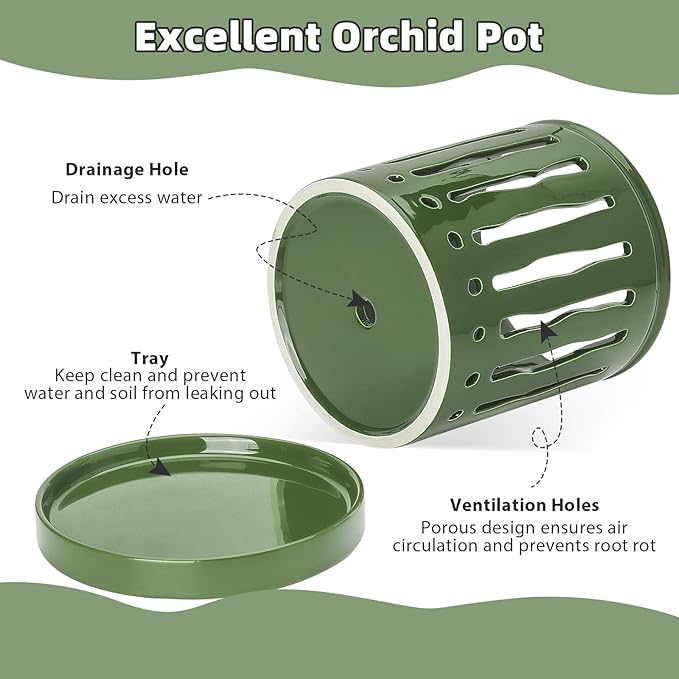 6 Inch Ceramic Orchid Pot with Large Slotted Holes, Orchid Planter for Enhanced Air Circulation, Orchid Pots with Drainage Tray, Patina
