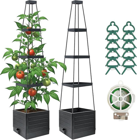 2 Pack Raised Garden Bed Planter Box with Trellis, 58”Tomato Planter with Trellis for Climbing Plants Vegetables Vine Flowers, Self-Watering Tomato Cage for Garden Patio Outdoor & Indoor