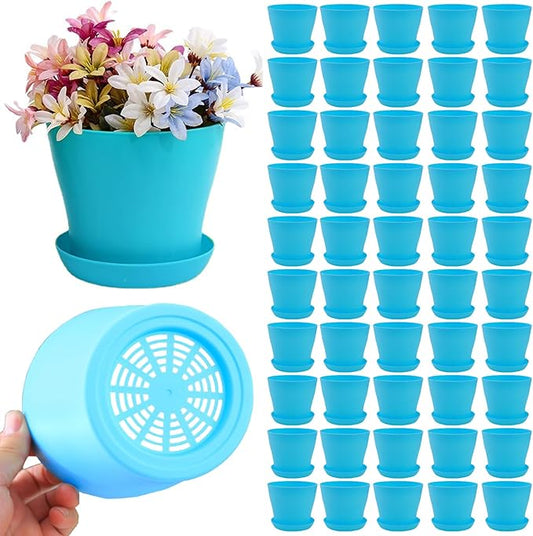 50 Pack 4 Inch Plant Pots Bulk Small Plastic Planters Pots with Drainage Holes Flower Pot for Succulent, Cactus, Herb, African Violet (50pcs-Blue, 4Inches)