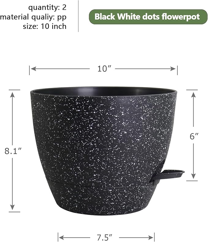 10 inch Self Watering Pots, Planter, Plant Pots with Mesh Drainage Holes for Indoor Outdoor House Plants and Garden, Pack of 2 Plastic Flower Pots with Deep Reservoir, Speckled Black
