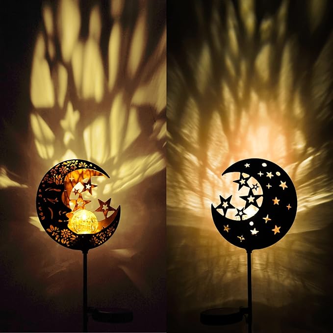 Moon Solar Lights Outdoor Garden Decorative Star Solar Lantern with Warm Light Waterproof Metal Outdoor Decoration for Patio, Pathway or Yard Garden Decor