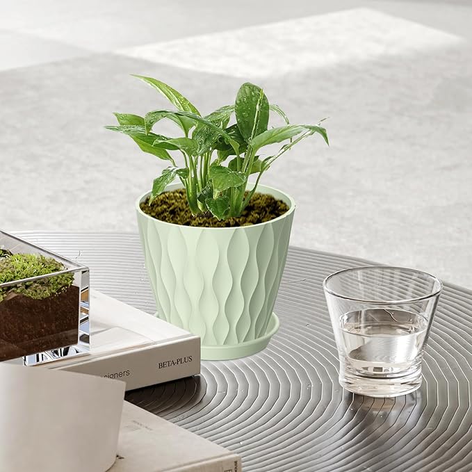 6 Pack 4 Inch Small Plant Pots with Saucers, 3D Textured Plastic Planters with Drainage Holes for Indoor and Outdoor Plants, Flowers, Herbs, Succulents, and Seedlings, Green