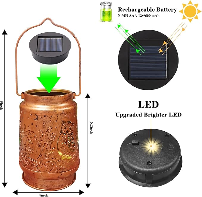 Outdoor Solar Lanterns Waterproof - Metal Hanging Lights Outdoor Decorative, Solar Powered Lamp for Patio Yard Garden Decor, Birthday Gifts for Women (1 Pack, Owl Shape)