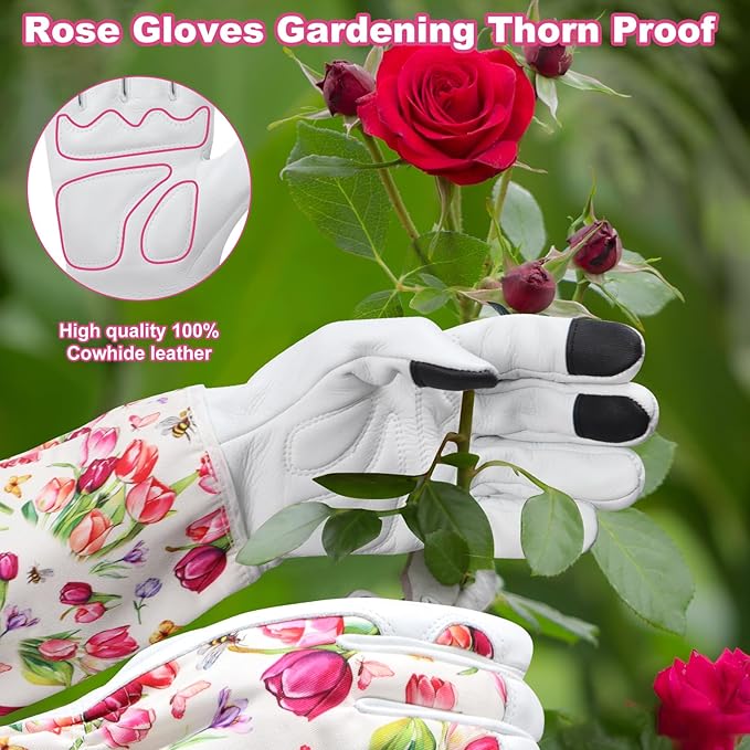 DLY Gardening Gloves for Women, Rose Gloves Gardening Thorn Proof, Long Garden Gloves for Women, Breathable Cowhide Leather Gauntlet (Large, White)