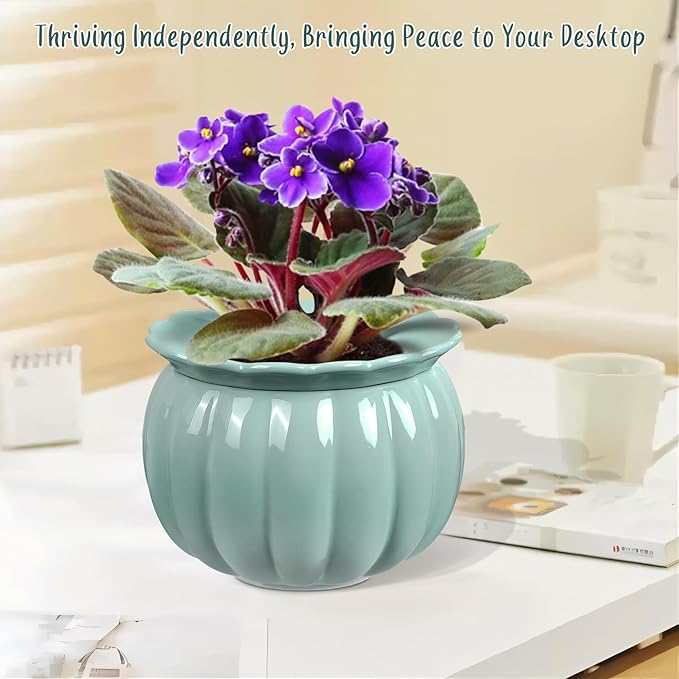 Self-Watering Ceramic Planter for Indoor Plants – 6 Inch Pot for Succulents, Herbs & Small Houseplants, Decorative Self-Watering Pot for Home & Office, Blue