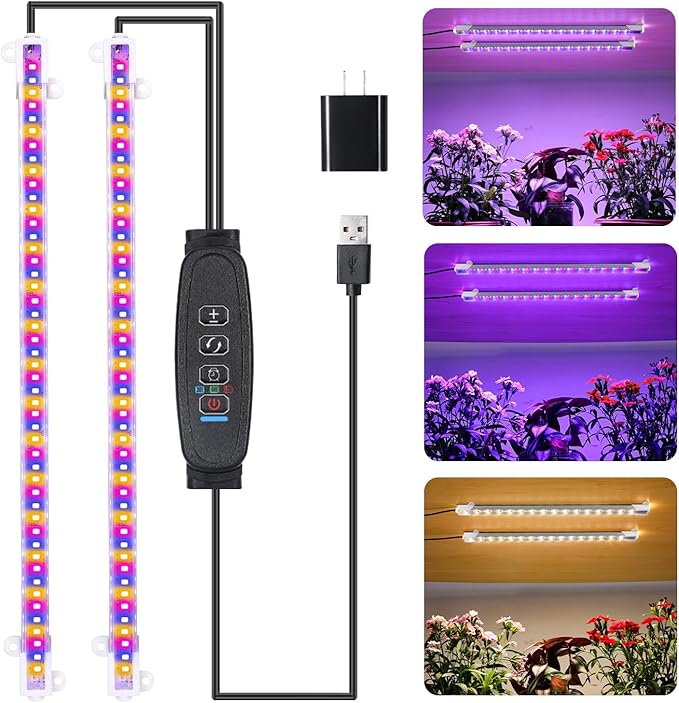 Two Strip Growing Lamp for Indoor Plants, Red & Blue & Yellow Full Spectrum LED Grow Light Strips with Auto ON/Off 3/9/12H Timer,10 Dimmable Levels for Green House Succulent (13 in)