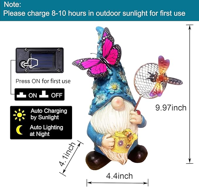 Garden Gnome Statues Outdoor Decor Solar Gnomes with Butterfly on LED Lighted Flowers, Resin Blue Gnomes Sculpture for Patio Yard Lawn Onament Decoration