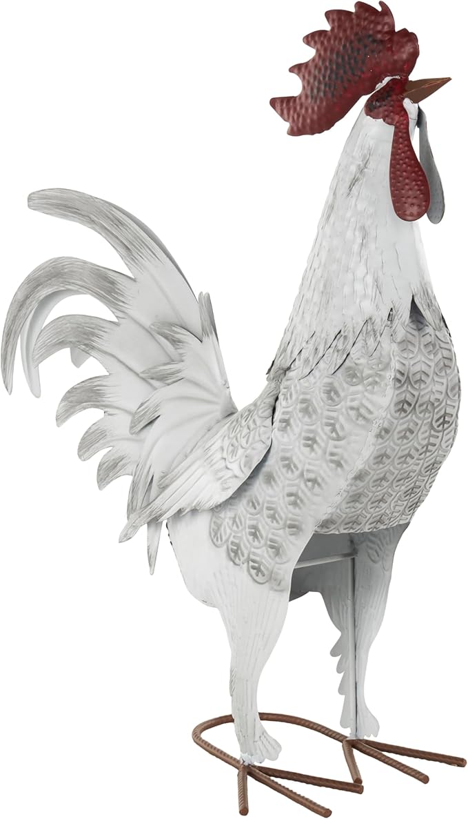 Deco 79 Metal Rooster Decorative Garden Sculpture Garden Statue with Black Texturing and Red Accents, Outdoor Sculpture 15" x 6" x 18", White