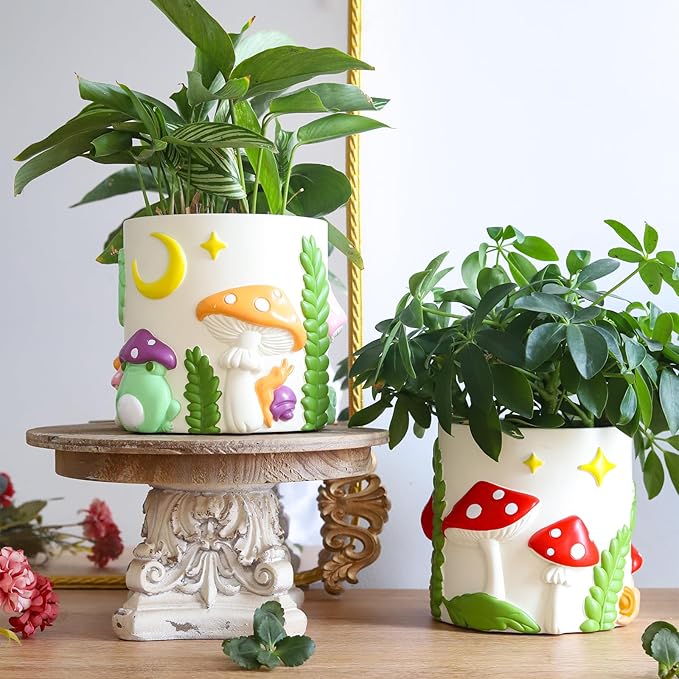GUGUGO Frog Garden Planters, Cute Unique Plant Pot with Drainage, Rainbow Colorful Small Mushroom Flower Planters Pots for Indoor Plants, Funny Succulent Gardening Pot Gifts Home Décor (C, 5Inch)
