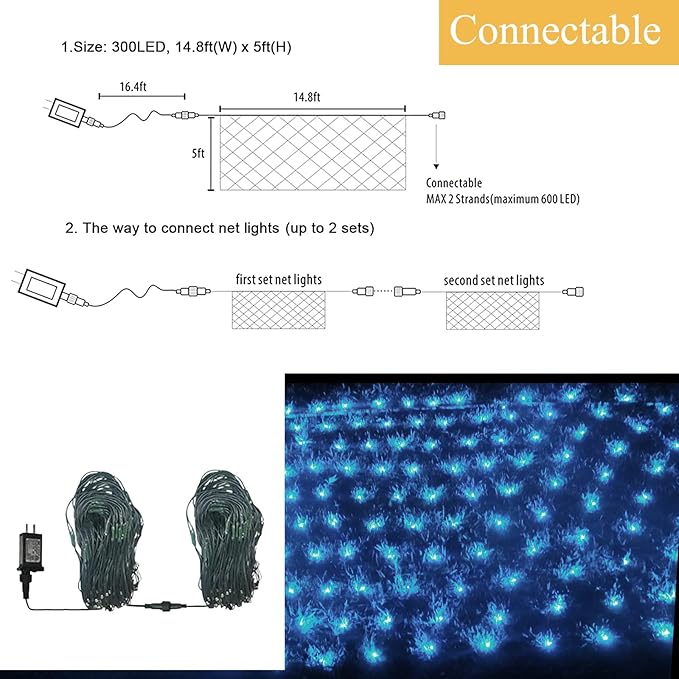 Christmas Decorations Net String Light Outdoor, 14.8ft x 5ft 300 LED White Net Lights Connectable 8 Modes Fairy Mesh Light Plug in for Bushes Tree Garden Home Party Halloween Christmas Decor