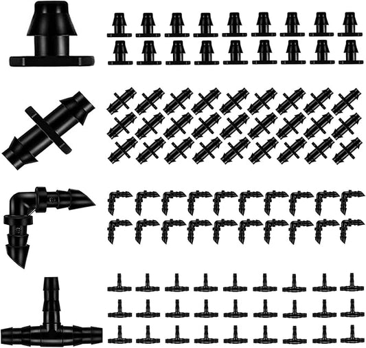 BEADNOVA Drip Irrigation Connectors 160 Pcs Mix 1/4 Inch Barbed Connector Tees Elbows Straight Couplings Drip Line Plugs Irrigation Connectors for 1/4 Inch Drip Tubing Water Tubing Gardening
