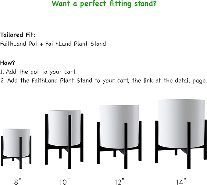 FaithLand Plant Pot 10 inch - Perfectly Fits Mid-Century Modern Plant Stand - Drainage Plug and Drainage Mesh Screen - Matte White Planter Pot - Upgraded