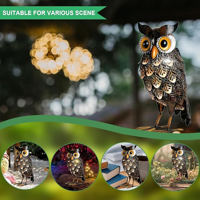 Shorayn Garden Statue Metal Owl Yard Art Outdoor Decor with Solar LED Lights for Patio Lawn Decoration Great Gifts