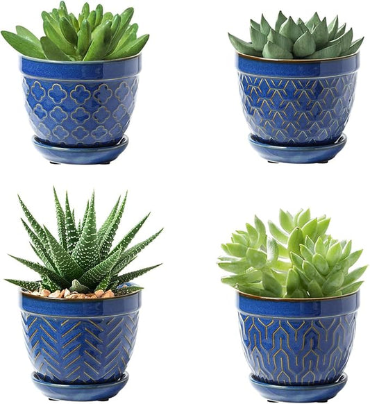 Sureasy Succulent Pots, 3.5 Inch Flower Pots for Indoor Plants, Small Plant Pots with Saucer & Drainage, Decorative Ceramic Planters for Succulent, Cactus, Set of 4, Blue