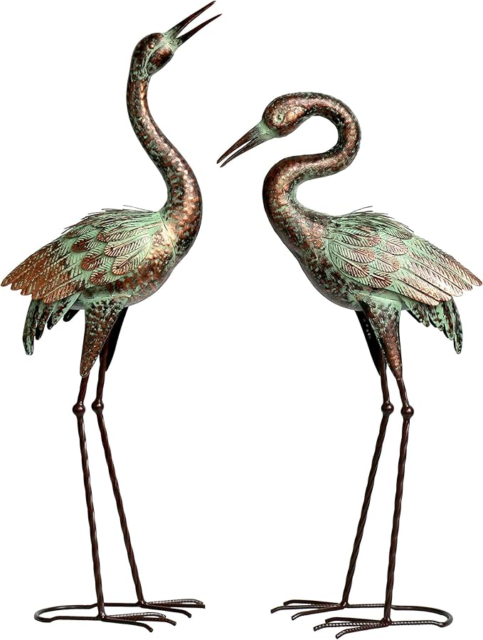 Shorayn Garden Crane Statues, Blue Heron Sculptures for Outdoor, Cranes Decor Metal Bird, Patina Garden Art Lawn Ornaments for Yard Patio Porch Outside Decorations
