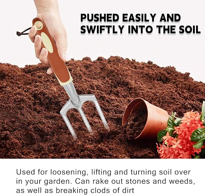 Gardening Tools, 6 Pack Stainless Steel Garden Tool Set with Non-Slip Rubber Grip, Ideal Gardening Gifts for Women