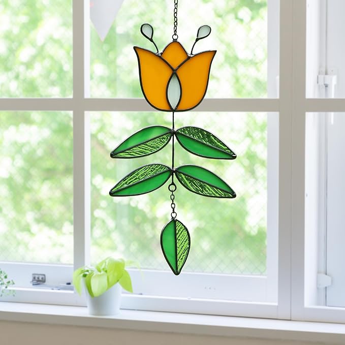 Tulip Stained Glass Suncatcher, Valentines Day Gifts, Folk Flower Stained Glass Window Hanging Sun Catcher, Retro Home Decor, Window Decorations for Plant Lovers, 9.4" x 4.7"