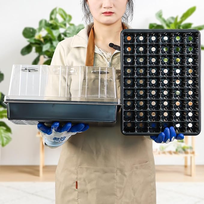9set Seed Starter Tray with Tall 5'' Dome-Deep Cell Large Plant Germination Trays, Heavy Duty Seed Starting Kit, 486 Cells Plant Seedlings Tray for Balcony Greenhouse (54 Cells per Tray)