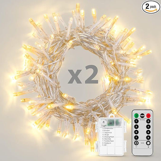 2 Pack Battery Operated String Lights with Remote Timer Waterproof 8 Modes 16.4ft 50 LED String Lights for Bedroom,Garden,Party,Xmas Tree Indoor Outdoor Decorations, Warm White