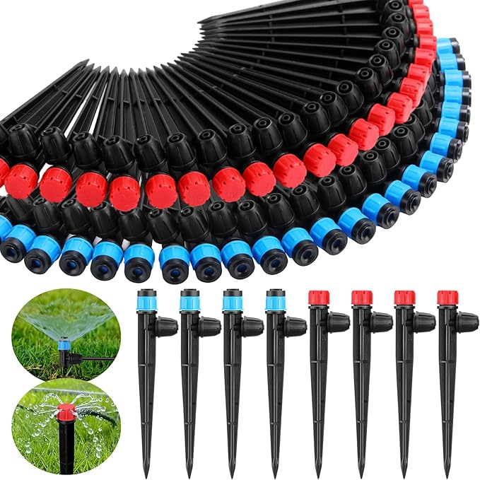 100 Pcs Drip Irrigation Emitters for 1/4" Tubing 50 Micro Irrigation Emitters Sprayer 50 Adjustable 360 Degree Water Flow Drippers for Garden Irrigation System(Red, Blue, Latch)