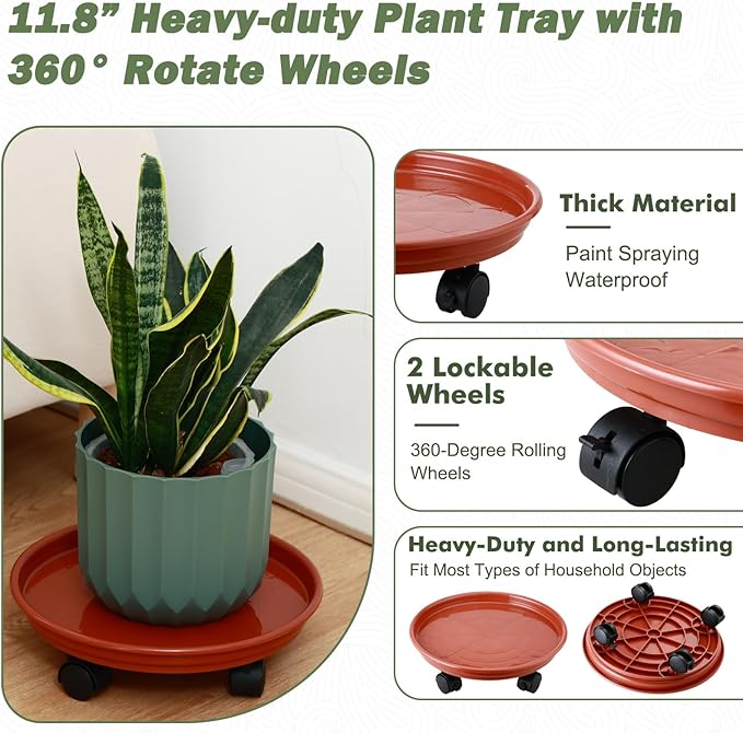8 Packs Plant Caddy with Wheels 11.8" Plastic Rolling Plant Stands Heavy-Duty Plant Dolly with Casters Indoor and Outdoor Plant Roller Base Large Heavy Plant Pot Saucers with Wheels, Rust Red