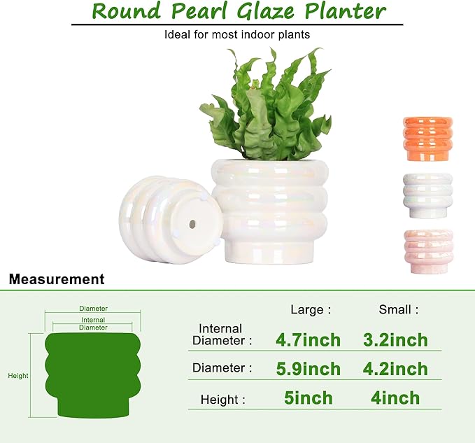 5.7 Inch +4.1 inch 2 pcs Ceramic Plant Pots for Indoor Plants, Rainbow Pearl Glaze Planter with Planters for Plants with Drainage Hole, Orchid Pots, Succulent Pot, Flower Pot (White)