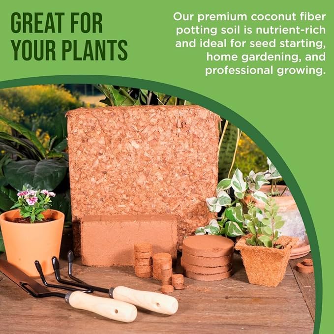 Coco Coir for Plants 2-Pack Envelor 2.6 Cu. Ft. Compressed Coconut Coir Bricks 10 lb. Organic Coconut Coir Bulk Low EC pH Balanced Natural Coco Peat for Indoor and Outdoor Gardening Potting Soil