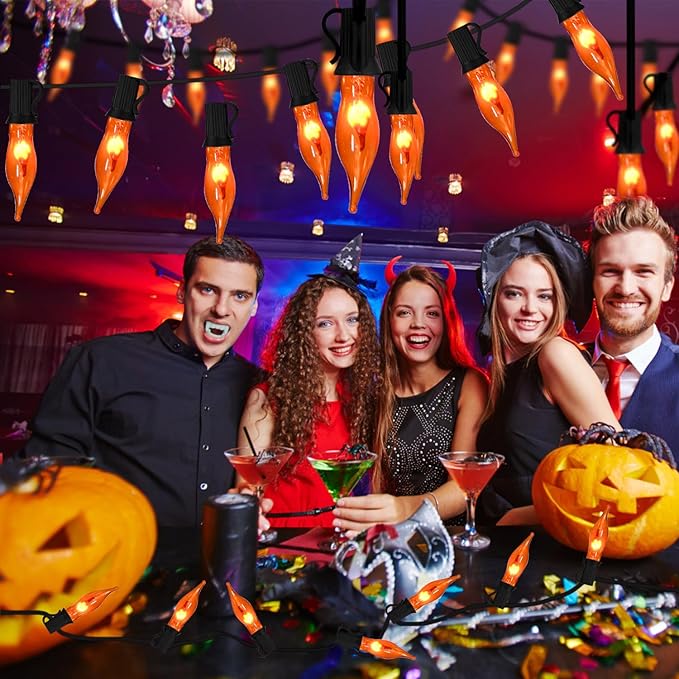 27.8Ft Flickering Flame String Lights Orange Halloween Lights with 25 Pack C7 Orange Flame Light Bulbs, Orange Flame String Lights for Halloween Decorations for Home Party Yard (2 Spare Bulbs)